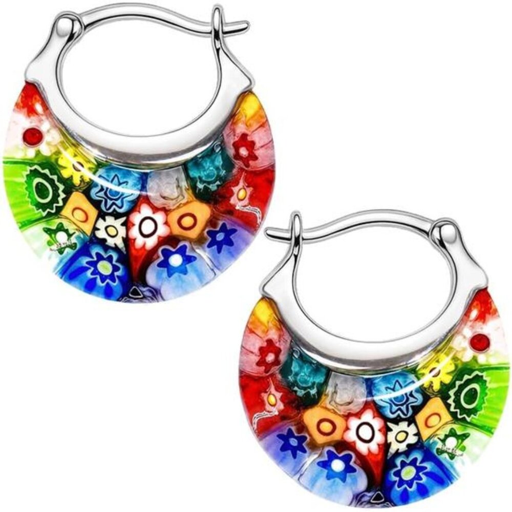 Murano Millefiori Glass Hoop Earrings Colorful Flower Statement Earrings Women G